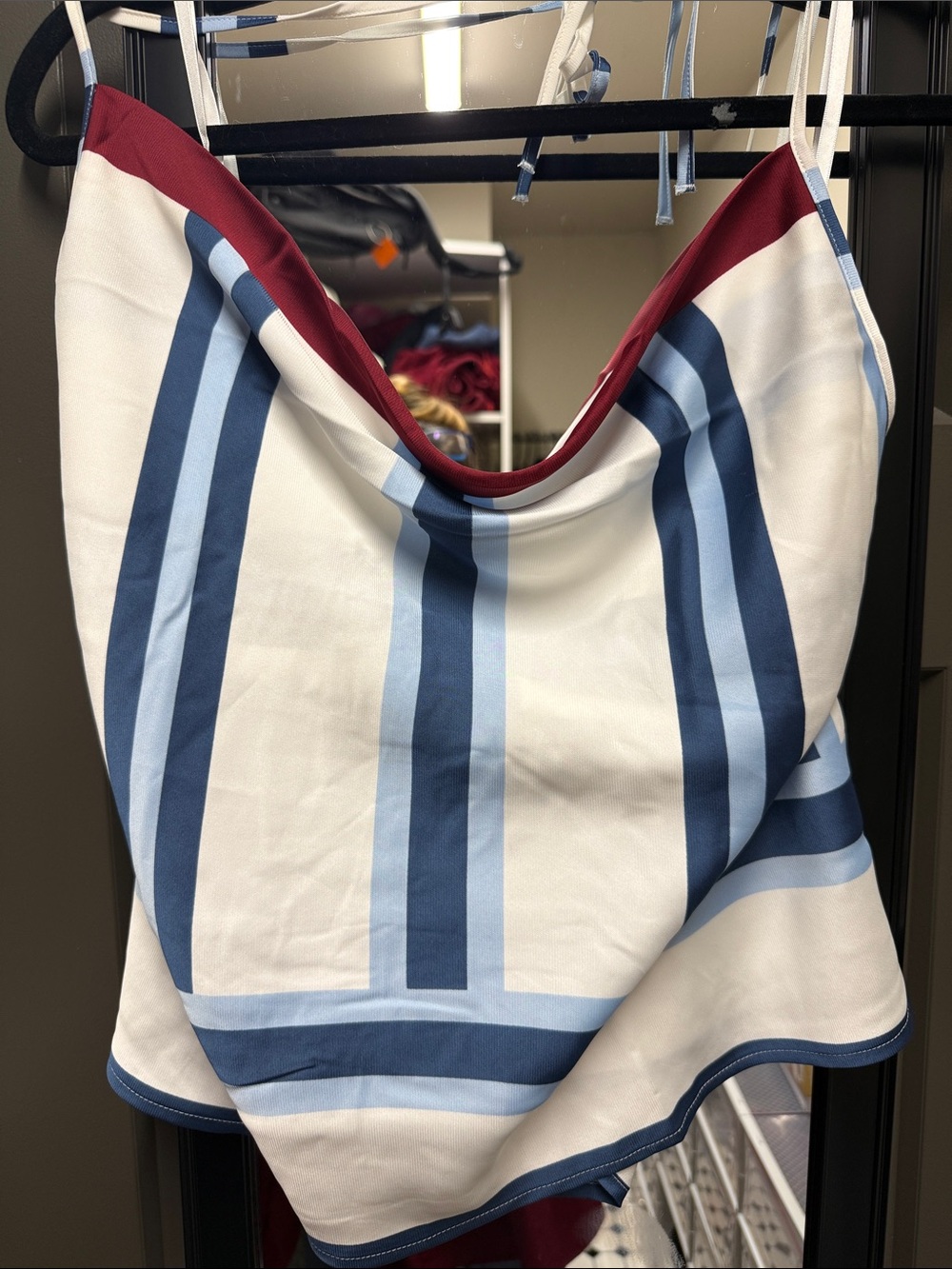 Striped Blue & White Cowl Neck Tank with Burgundy Trim